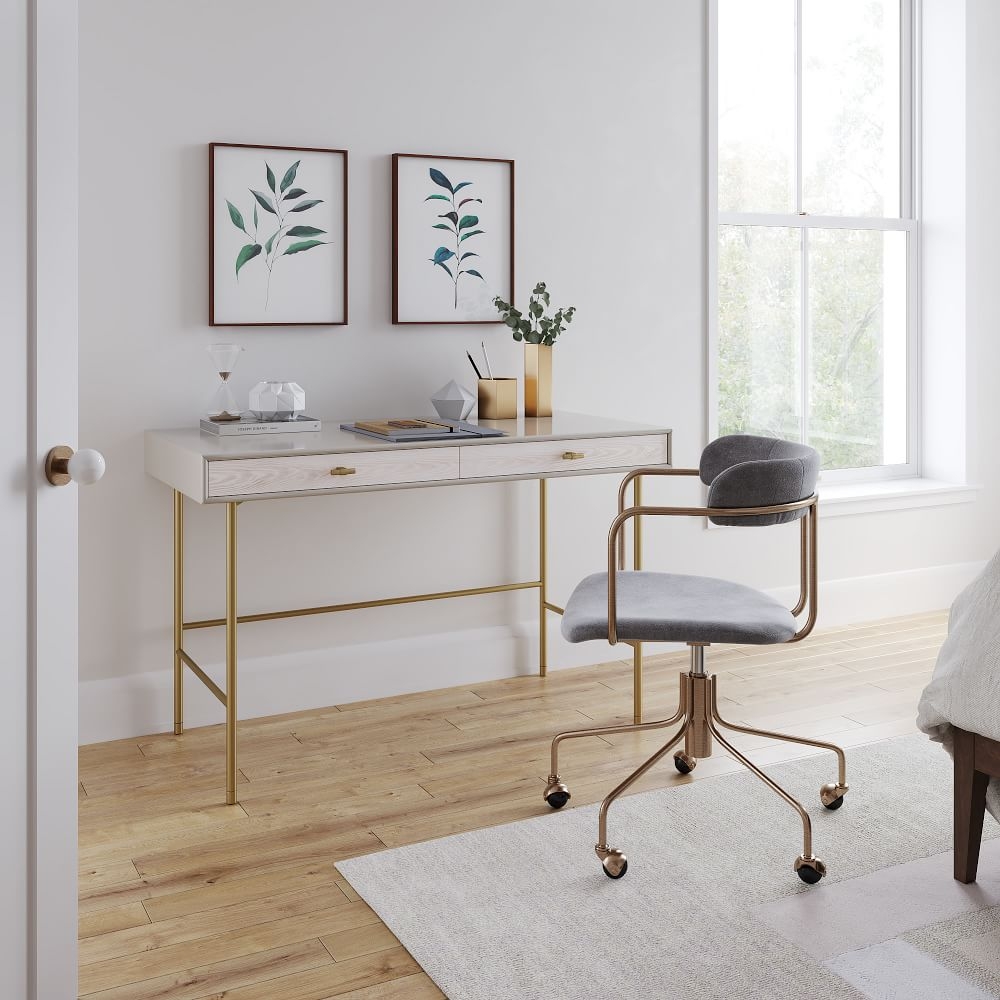 White lacquer store and gold desk